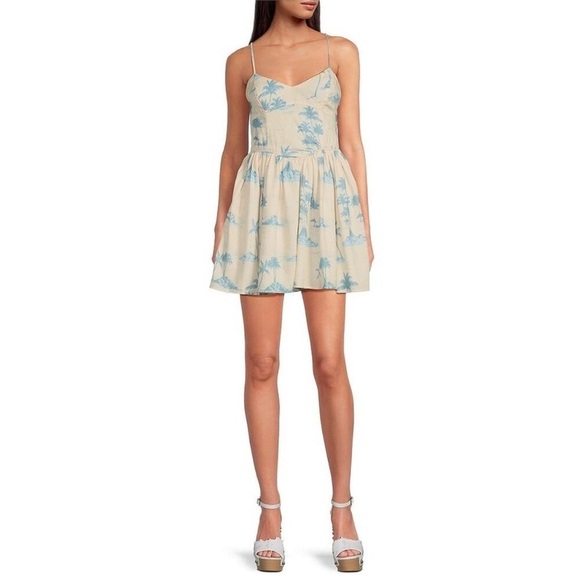 Gianni Bini x DANNIJO Kona Linen Palm Print Mini Dress Light Blue Ivory NWT - Picture 2 of 16